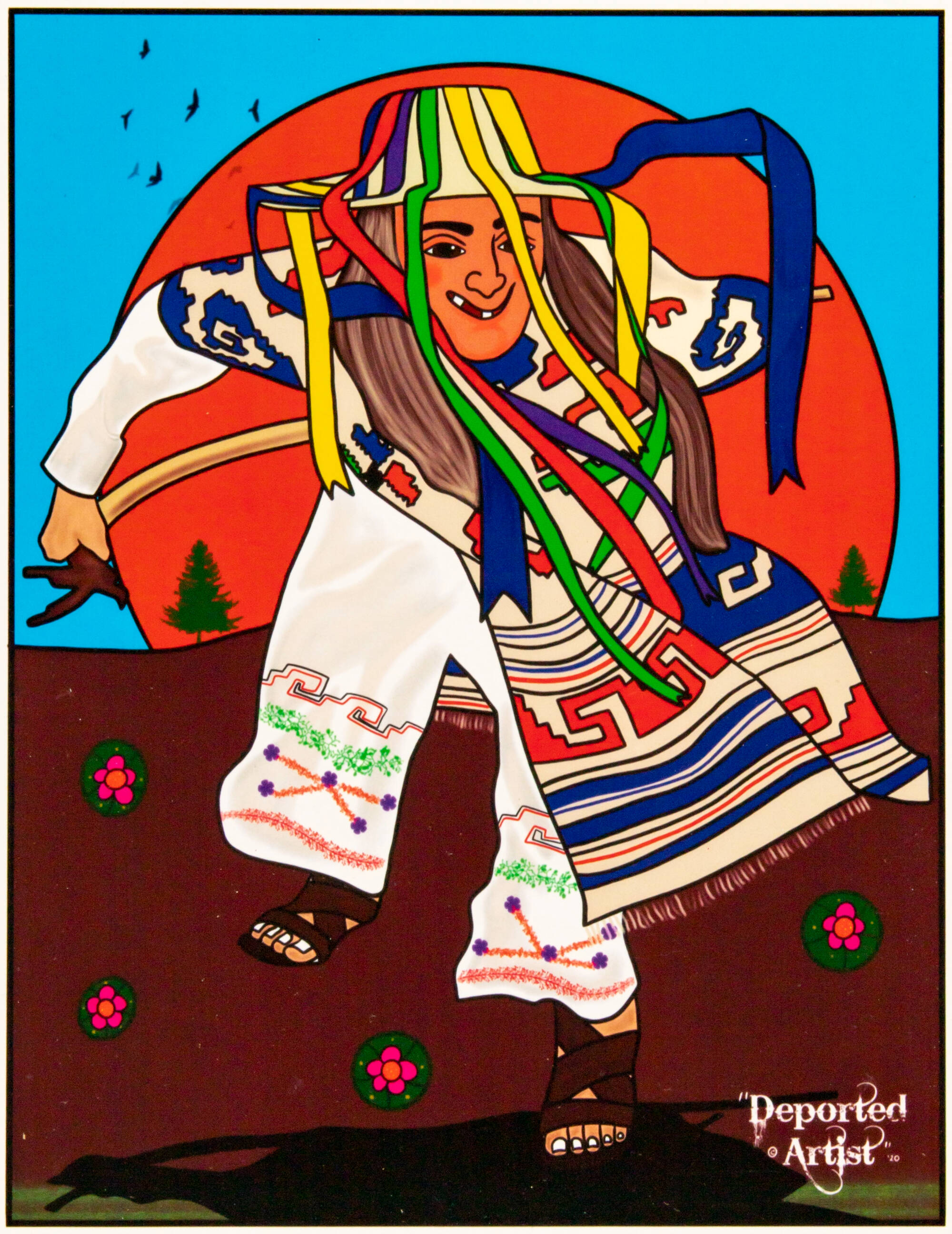 Colorful digital painting of a person wearing white with a long scarf and ribbon on their hat, dancing. Bright red moon against a blue sky in the background.